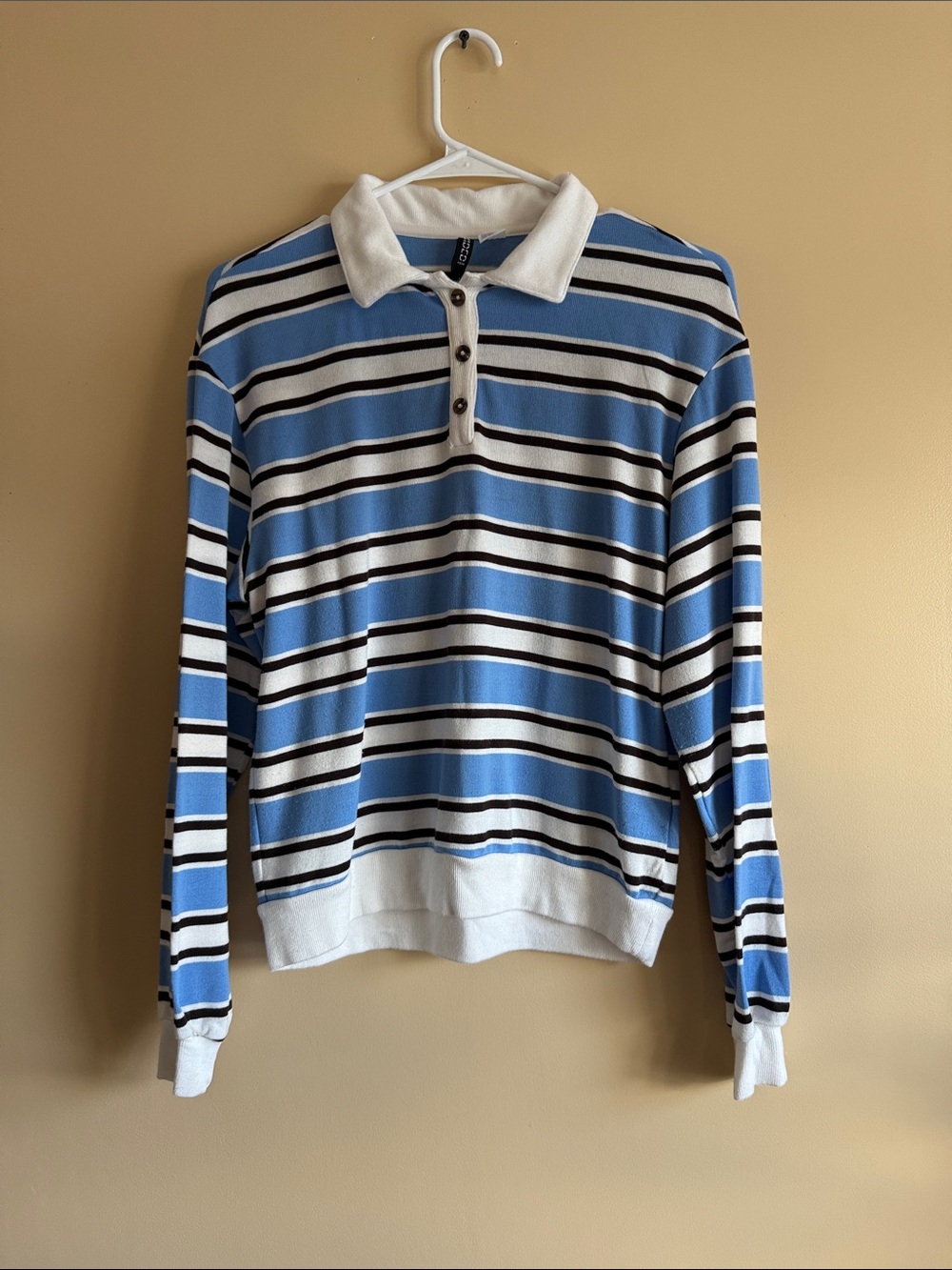 H&M Blue, White & Black Striped Long-Sleeve Polo